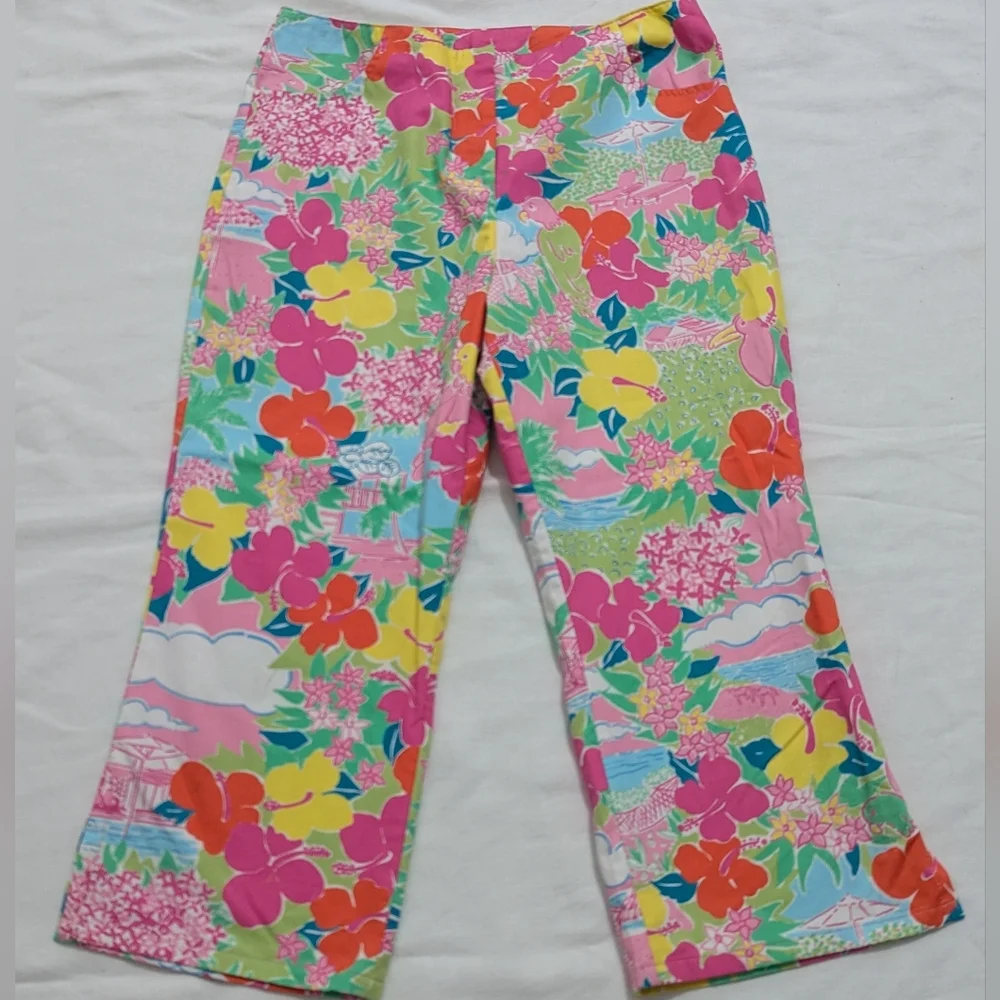 Lilly Pulitzer Tropical Print Pants Parrots Birds Floral Hibiscus Print